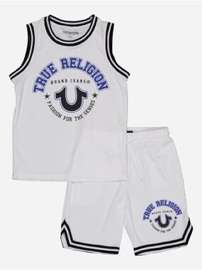 True Religion White and Black Athletic Tank and Shorts Set with Blue Logo